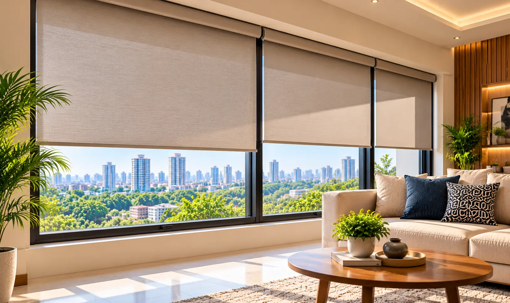 Elegant neutral living room with window treatments